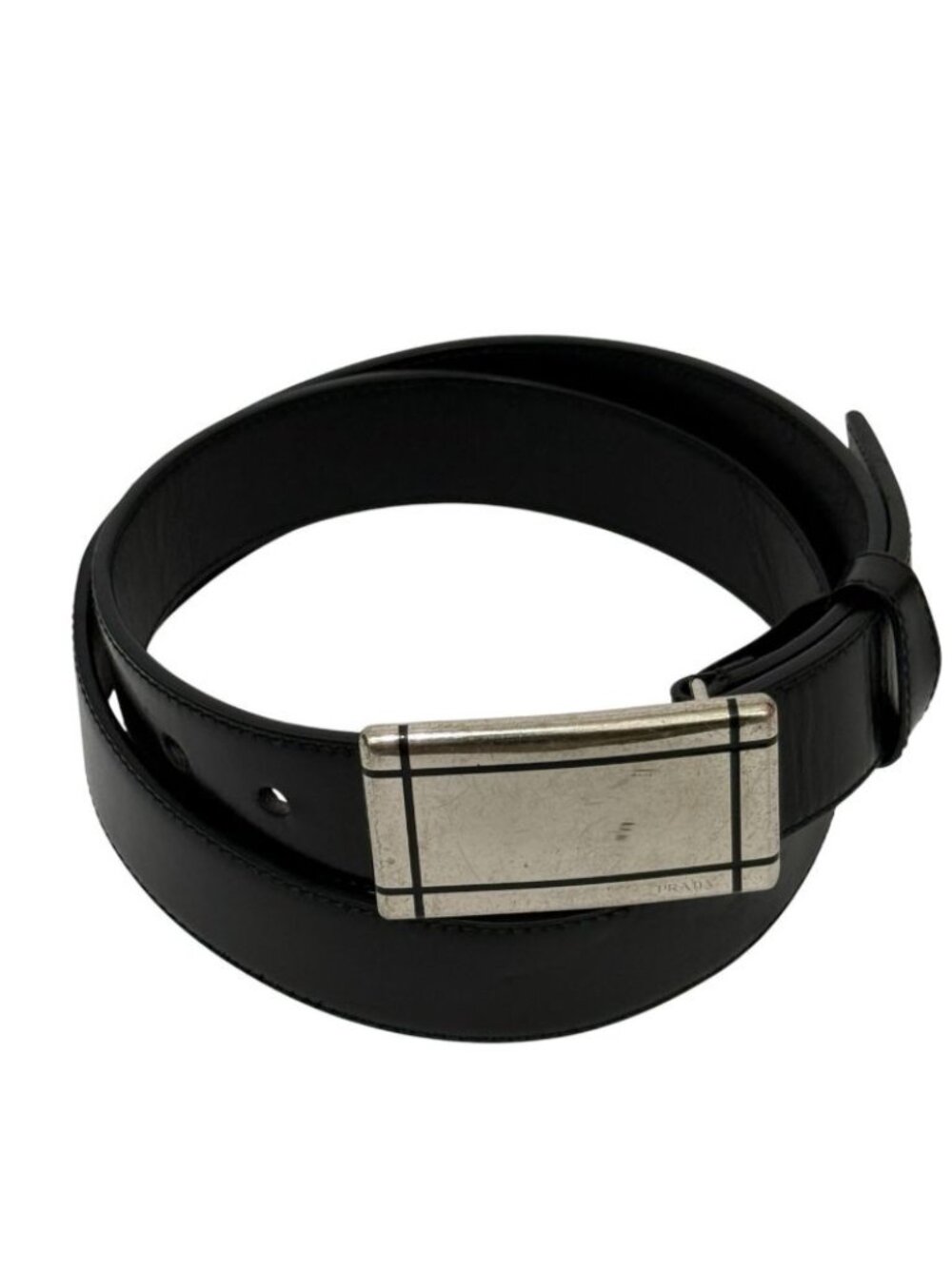 Vintage Prada Mens Black Leather Belt Silver Logo Plaque Buckle Italy Size 90/36